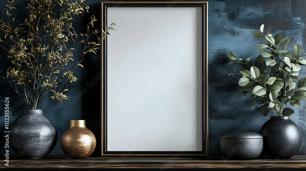 Poster a minimalist display with vases and a blank picture frame.