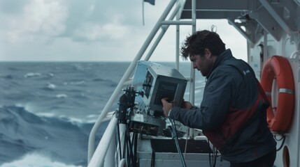 Fototapeta premium Onboard a ship in turbulent seas, a technician operates sophisticated equipment, encapsulating the intersection of maritime skill and high-tech navigation.