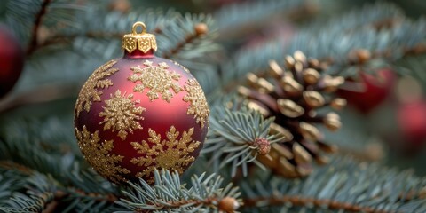 Beautiful close-up of a red Christmas ornament with intricate gold snowflake designs hanging on a pine tree branch together with a pine cone