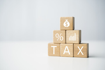 Wooden block financial tax payment tax return income expenses increase in expenditures, personal individual tax payment for state tax healthcare credit card percentage, graphical design display