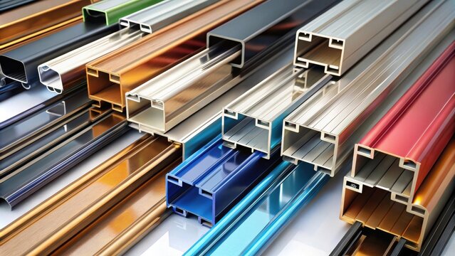 Variety of anodized aluminum profiles in different colors and finishes, metal, anodized, aluminum, profiles