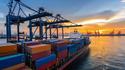A bustling sea port at sunset, containers and cranes silhouetted against a vibrant sky, signifying global trade and maritime energy.
