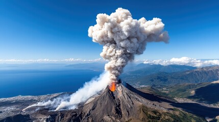 An incredible bird's-eye view of a volcano belching ash and lava over the coast, enveloped by clouds. The dramatic event showcases nature's raw and untamed splendor.