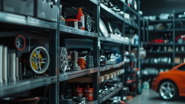 A well-organized garage space lined with automotive parts and tools, emanating the efficiency and readiness of a highly functional service area.