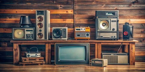 Fototapeta premium Retro items like vintage TV, VHS tapes