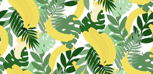 Hand drawn banana leaves and bananas on white background. Seamless pattern of tropical jungle, design for prints. © ilsuu