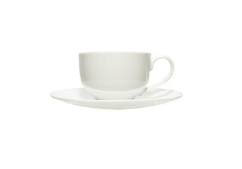White cup for tea or coffee and saucer on isolated white background close up