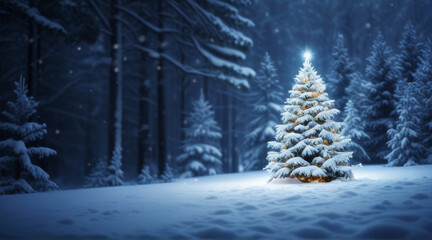 Fototapeta premium a snowy scene with a christmas tree in the snow