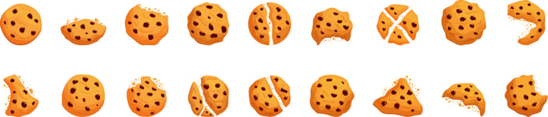 Chocolate chip cookie icons set. Chocolate chips cookies are illustrating the different stages of being eaten, showing a progressive disappearance