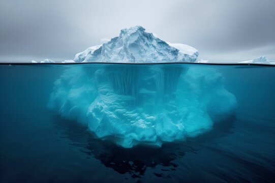 A striking image of an iceberg in the ocean, revealing its large underwater portion, highlighting the contrast between surface and submerged ice.