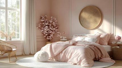 Cozy pink bedroom with floral decor and soft furnishings.