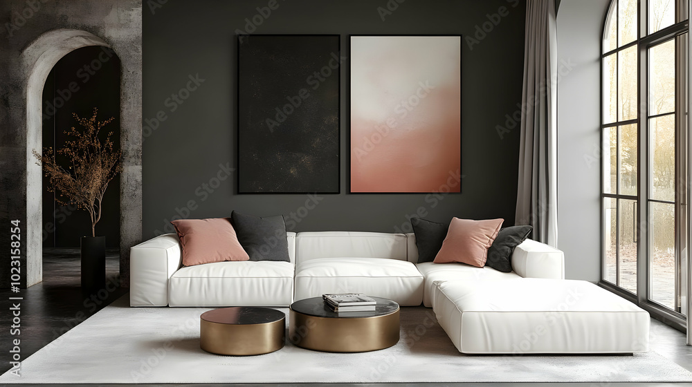 Poster Modern living room with white sofa and abstract wall art.