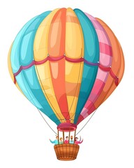 Fototapeta premium Whimsical Cartoon Hot Air Balloon Floating in Sky with Waving Passengers