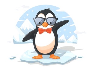 Naklejka premium Stylish Penguin in Sunglasses and Bow Tie Standing on Icy Arctic Landscape