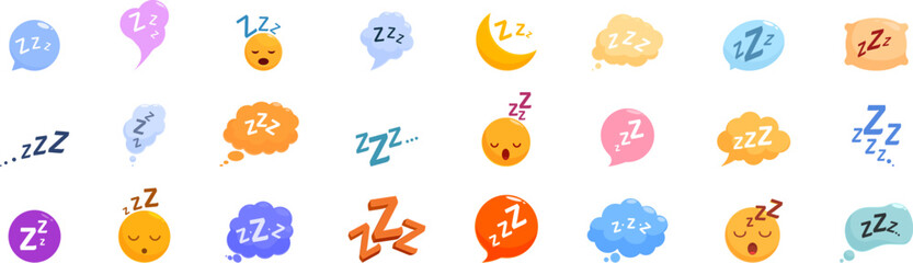 Zzz sleep snore icons set. Various designs of emojis and speech bubbles showing zzz text representing sleep