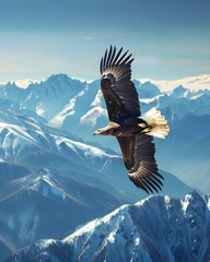 Fototapeta premium Majestic Eagle Soaring Above Snow Capped Mountain Peaks in Clear Blue Sky