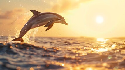 Fototapeta premium Playful Dolphin Leaping Out of Sunset Ocean with Sparkling Water Droplets