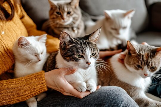 A person holding multiple cats on their lap.