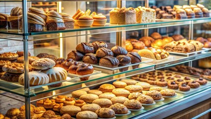 Assorted baked goods displayed in glass case, pastries, bread, cakes, muffins, cookies, croissants, bakery, treats