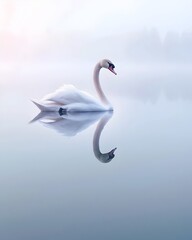 Obraz premium Graceful Swan Gliding Across Mirrored Lake at Dusk Embodying Beauty and Tranquility