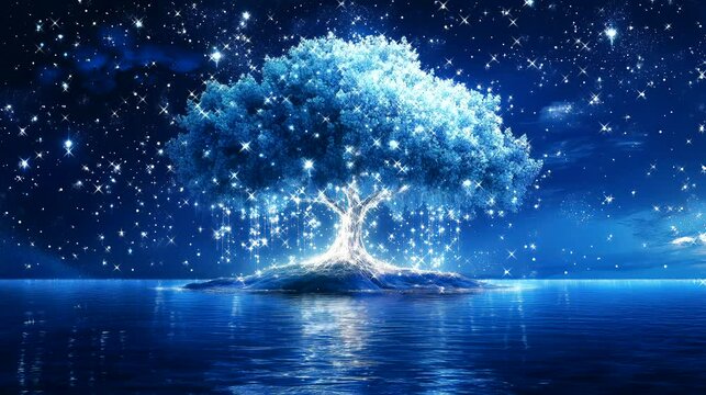 A luminous, mystical tree glows with shimmering lights under a starry night sky, reflecting on the serene waters below. Looping 4k video animation background