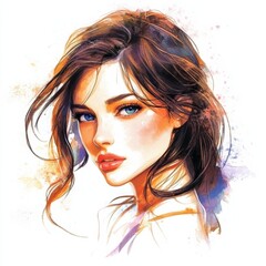 Fototapeta premium Vibrant Watercolor Portrait of a Woman with Intense Blue Eyes