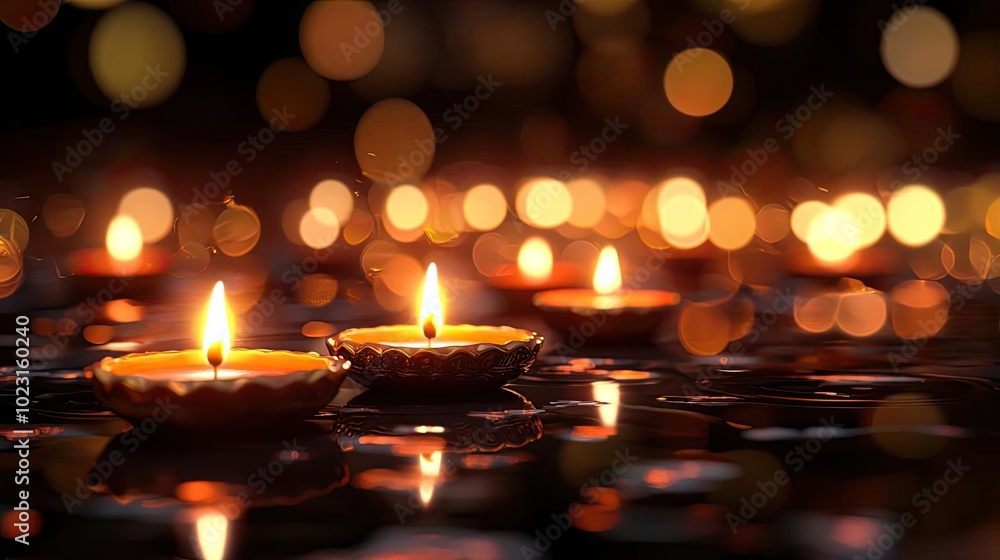 Poster Glowing candles float on water, creating a serene ambiance with soft, shimmering lights in the background.