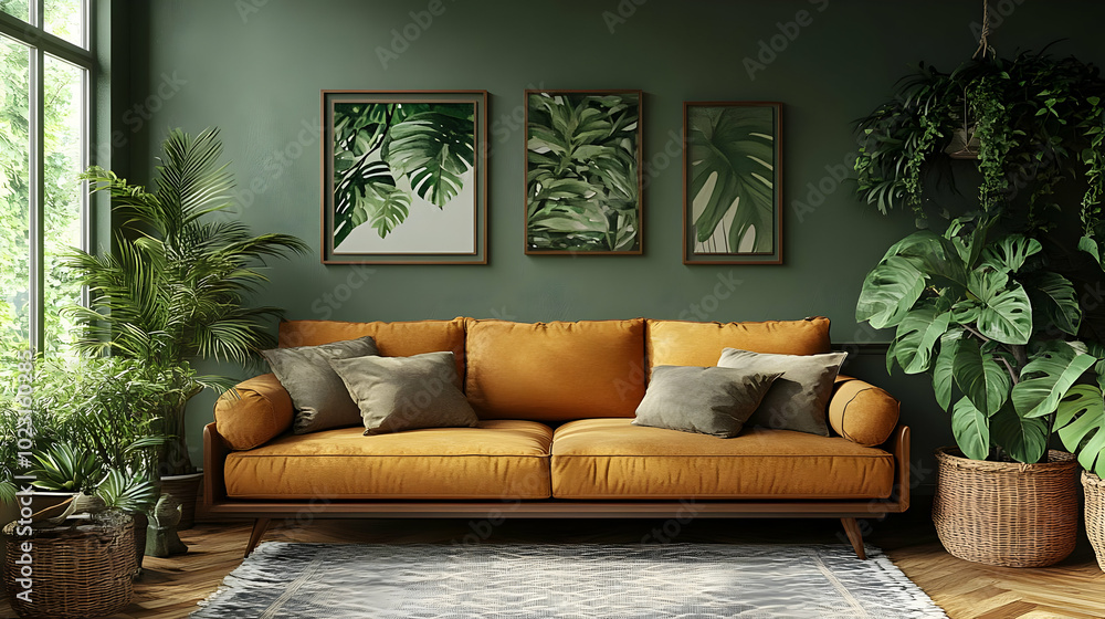 Wall mural Cozy living room with an orange sofa and lush greenery.