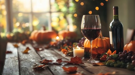 Thanksgiving background with wooden table decorated with pumpkin wine candles autumn leaves and garland copy space for harvest celebration