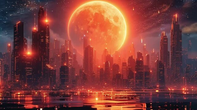 Futuristic city glowing red reflecting in the water under a giant red moon at night. Perfect for projects about the future, finance, and technology