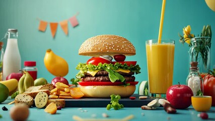 A juicy burger, a glass of smoothie, and fresh fruits are displayed on a blue background - Powered by Adobe