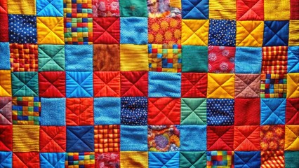 Vibrant handmade quilt with red, blue, and yellow patches , quilt, handmade, vibrant, red, blue, yellow, contrast, craftmanship