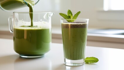 Fototapeta premium A glass of green juice is poured into a pitcher