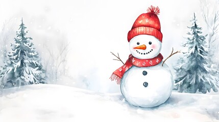 Obraz premium Watercolor snowman clipart, cute and smiling, on a white background, with a winter forest in the background