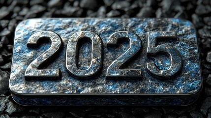 A rugged metallic sign with embossed numbers disclosing the year 2025 sits prominently against a background of dark, textured stones