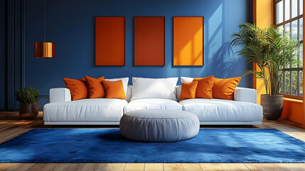Modern living room with blue walls, white sofa, and vibrant accents.