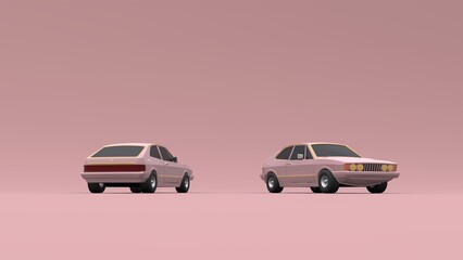 Cool looking old fashion cars, studio render on pink background. Bright modern car design. 3d illustration.