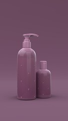 Elegant cosmetic bottles with label on violet background. Modern cover design. 3d illustration.