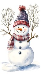Obraz premium Watercolor snowman clipart, cute and smiling, on a white background, with a winter forest in the background