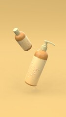 Elegant cosmetic bottles flying in the air on yellow background. Modern cover design. 3d illustration.