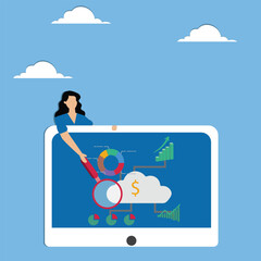 Businesswoman showing bar graph on laptop