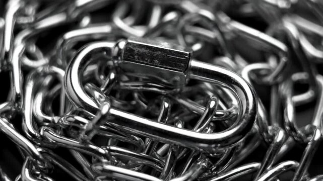 Shiny chrome metal fastening carabiner on a pile of stainless chain links. Macro. Rotation