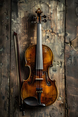Naklejka premium Timeless Elegance: The Classical Beauty of a Violin on a Vintage Wooden Table