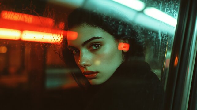 Crisp Candid Shot of a Woman Seen Through a Moving Subway Window, Capturing Motion and Cinematic Vibes in a 35mm Expired Slide Film Style.