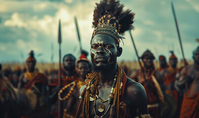 Naklejka premium Ancient African king with tough face on the battlefield, generated ai