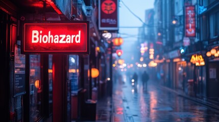 A foggy nighttime urban street scene with vibrant lights showcases a prominent red Biohazard sign, creating a dramatic and mysterious atmosphere