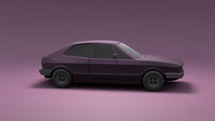 Cool looking old fashion car, side view studio render on violet background. Modern car design. 3d illustration.
