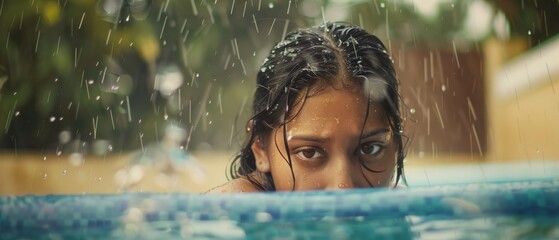 A woman peeks over the water's surface, eyes intense, while droplets dance around during a rain shower, embodying mystery and focus.