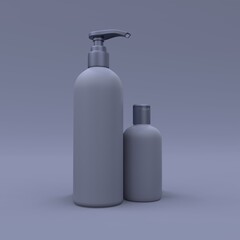 Elegant cosmetic bottles closeup on dark blue background. Modern cover design. 3d illustration.