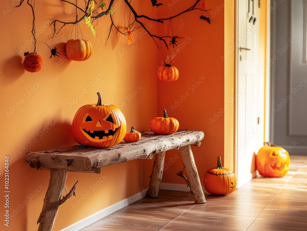 Poster Wooden bench adorned with festive Halloween decorations in a vibrant hallway